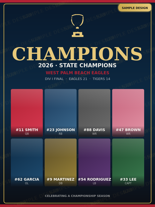 2026 State Champions poster sample design — portrait layout with trophy, 