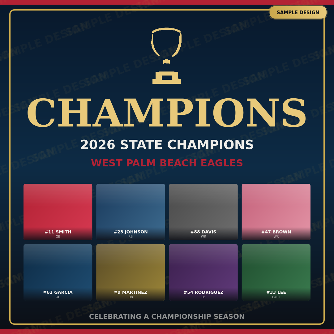 2026 State Champions social graphic sample design — 1:1 Instagram-ready square with trophy, 