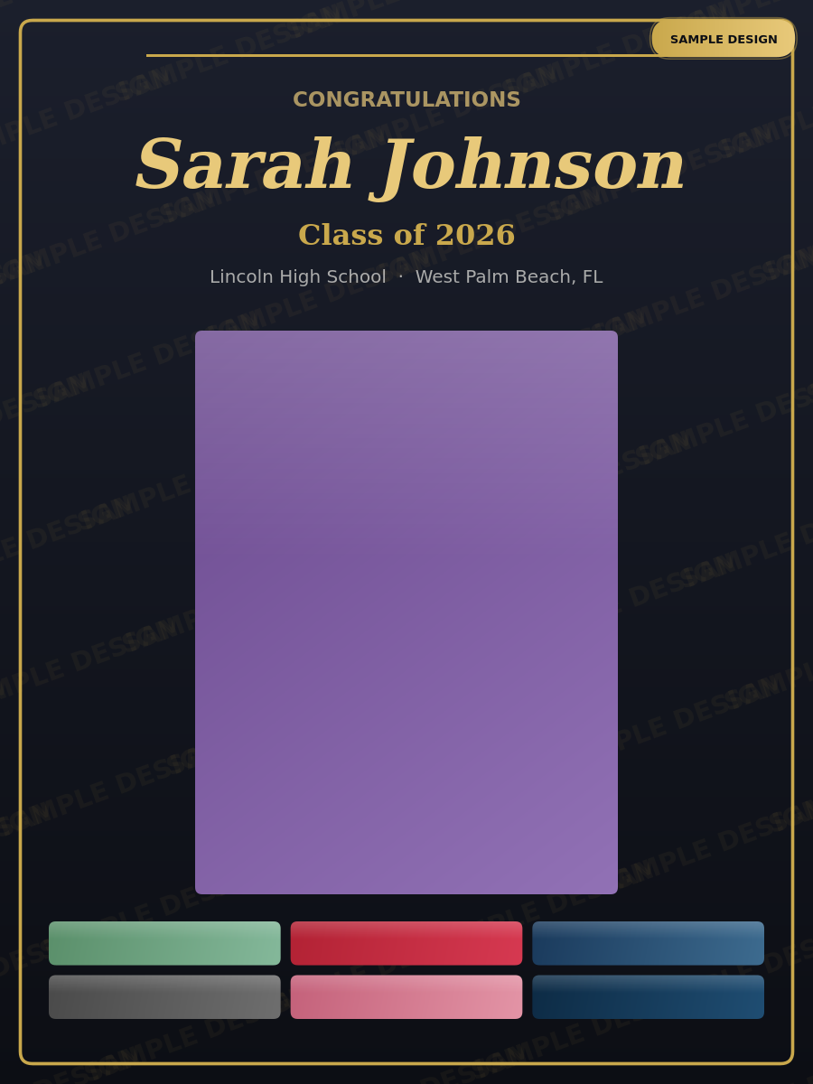 Sarah Johnson graduation poster sample design — full-size print preview with hero portrait and memory collage, 