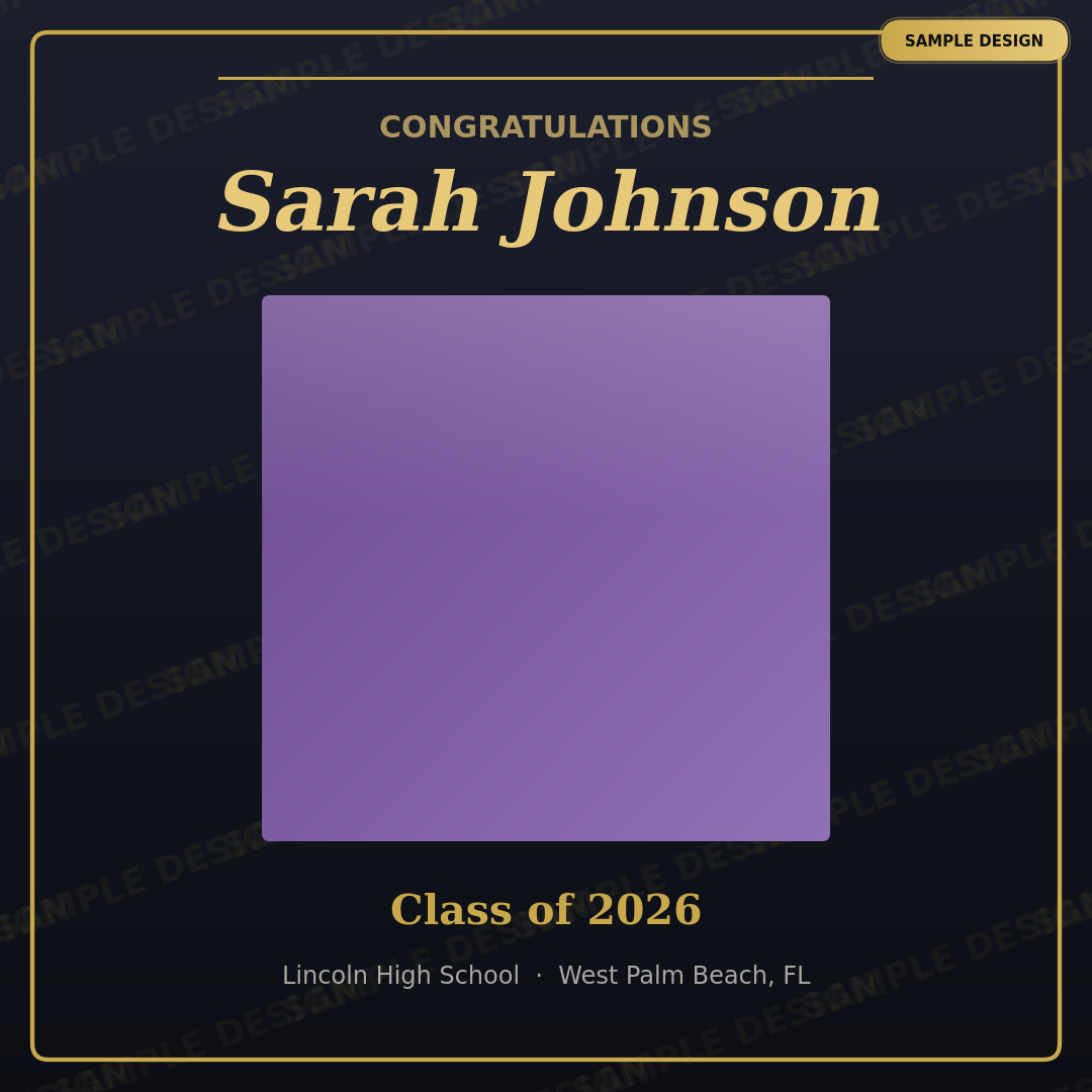 Sarah Johnson graduation social graphic sample design — 1:1 Instagram-ready square with 
