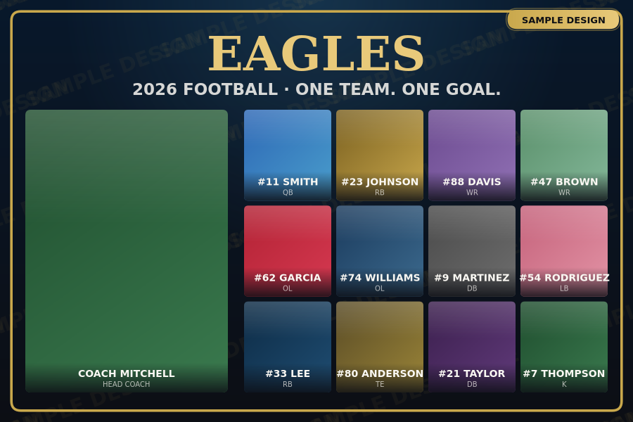 Team Eagles football banner sample design — landscape layout with coach photo and 12-player roster grid, gold inner frame, 