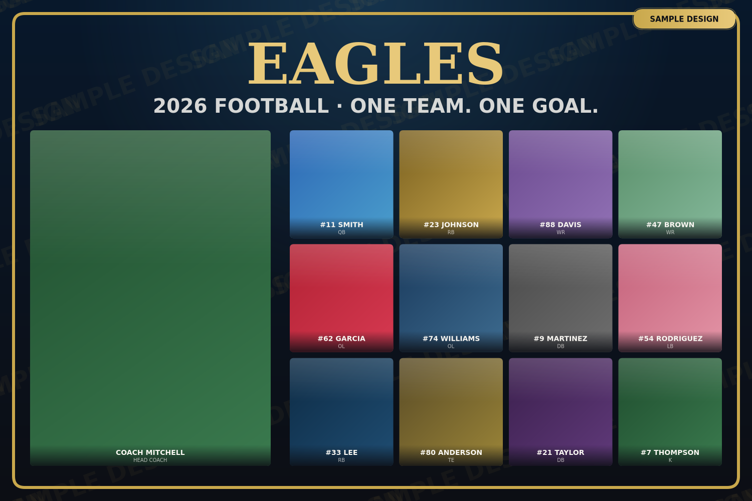 Team Eagles football banner sample design — full-size print preview, landscape layout with coach and 12-player roster grid, 
