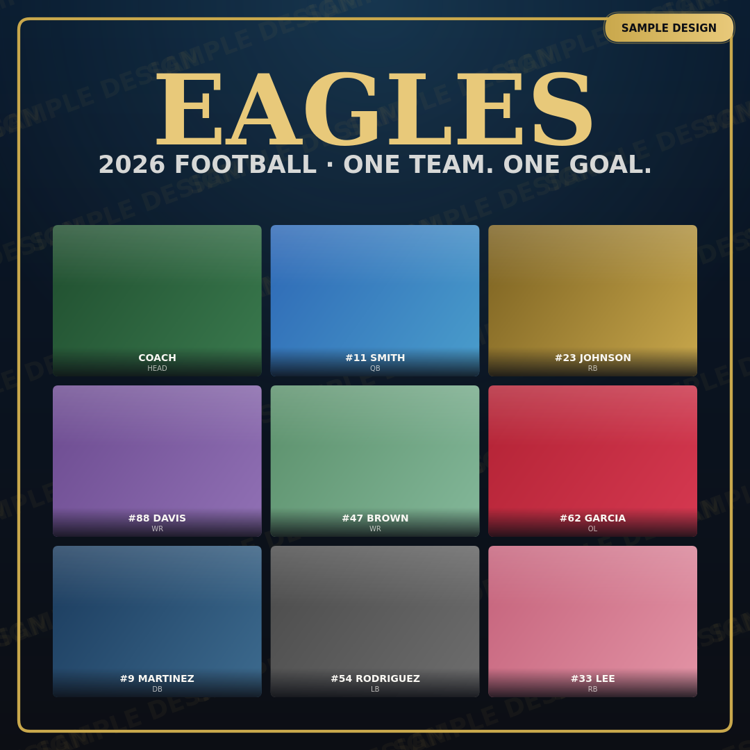 Team Eagles social graphic sample design — 1:1 Instagram-ready square with 3×3 roster grid, 